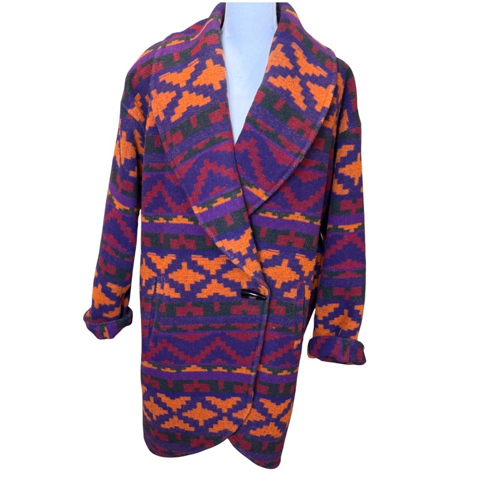 Braetan Vtg‎ Southwestern Geometric Wool Blend Coat Purple Orange Toggle Sz Med